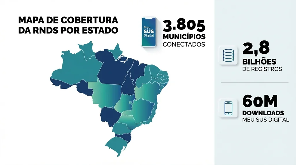 Mapa de cobertura da Rede Nacional de Dados em Saúde RNDS no Brasil com 21 estados integrados e 3.805 municípios conectados em 2025