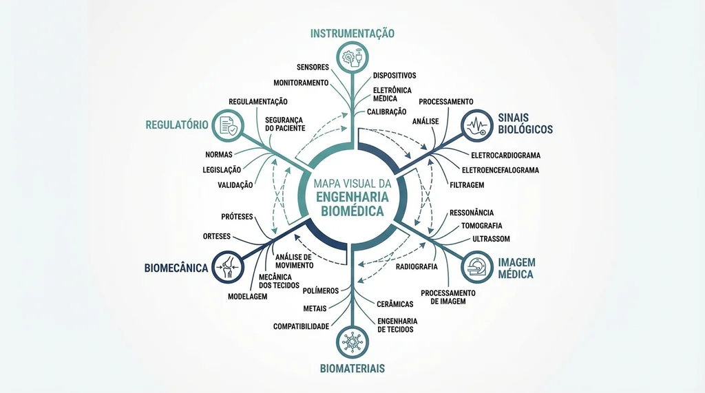 Diagrama radial mostrando as seis subáreas da engenharia biomédica e seus principais termos técnicos em inglês, instrumentação, sinais bioelétricos, imaging, biomateriais, biomecânica e regulatório