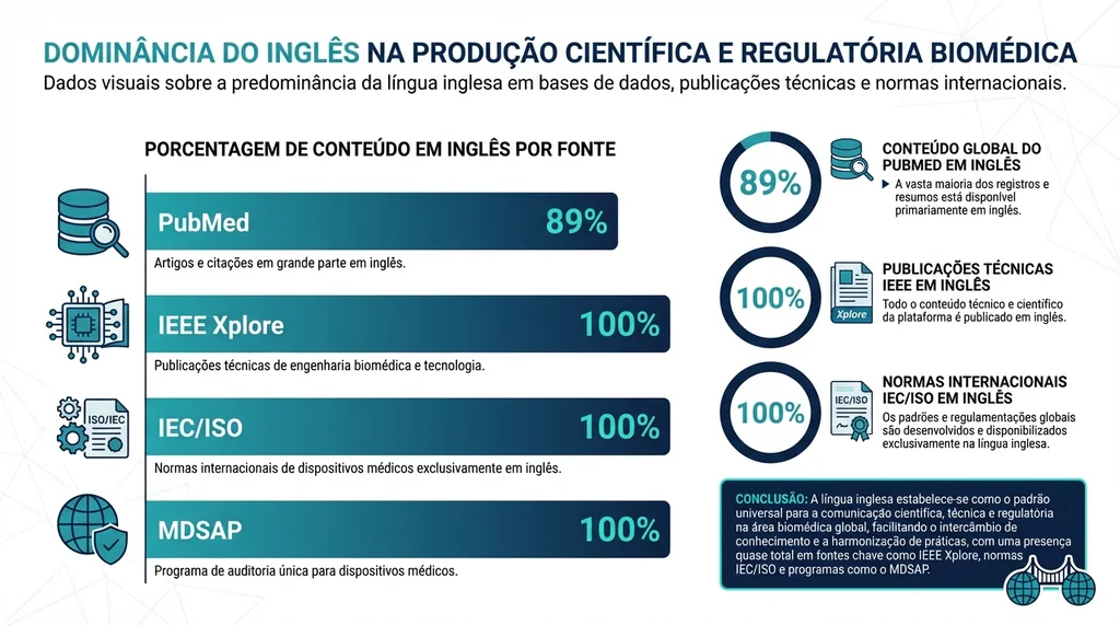 Infográfico mostrando a dominância do inglês técnico nas principais fontes de conhecimento em engenharia biomédica, 89% do PubMed e 100% do IEEE Xplore e normas IEC/ISO