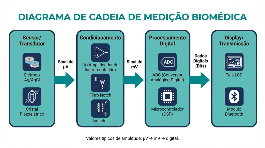 Diagrama dos quatro estágios da cadeia de medição em instrumentação biomédica: transdutor, condicionamento, processamento e transmissão (80 chars)