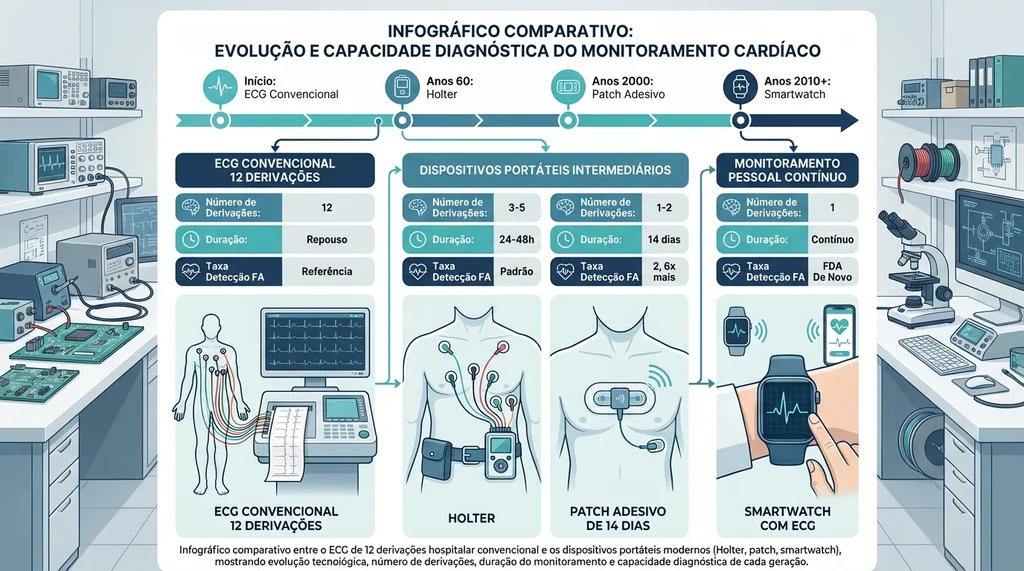 Infográfico comparativo da evolução do ECG: de 12 derivações hospitalares aos wearables com IA para detecção de fibrilação atrial (107 chars)