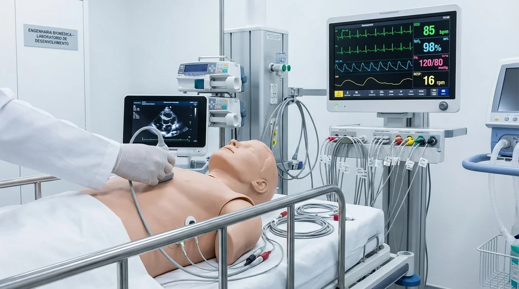 Profissional de saúde usando ultrassom portátil POCUS em UTI com monitor multiparamétrico exibindo sinais vitais ao fundo (103 chars)