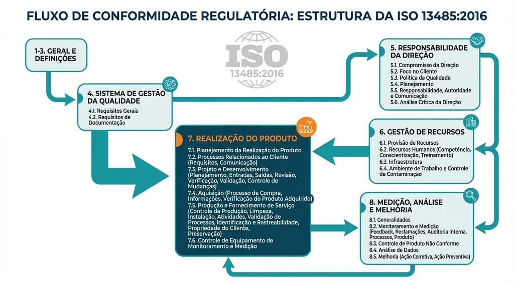 Diagrama das 8 cláusulas da ISO 13485:2016 para sistemas de gestão da qualidade em dispositivos médicos, com destaque para cláusula 7