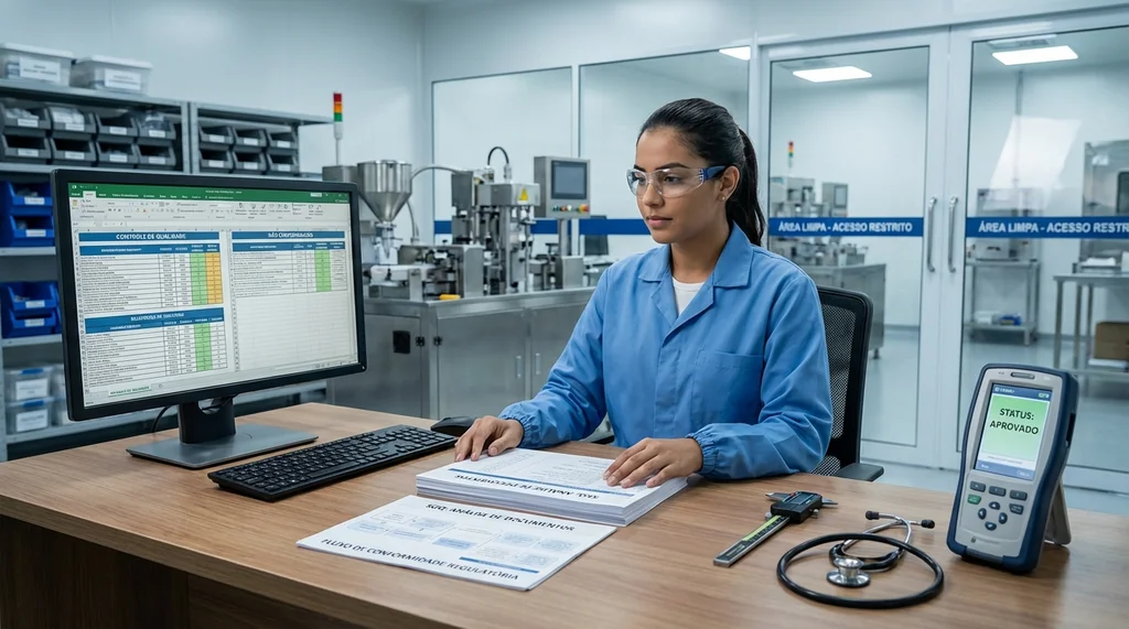 Engenheiro de qualidade analisando documentação do sistema de gestão da qualidade ISO 13485 para dispositivos médicos em ambiente industrial