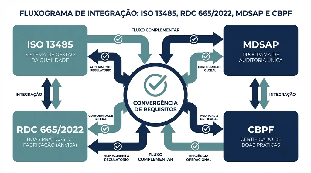 Fluxograma de integração entre ISO 13485, RDC 665/2022 Boas Práticas de Fabricação, MDSAP e CBPF para dispositivos médicos no Brasil