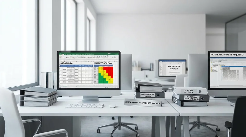 Engenheiro de regulatory affairs analisando documentação de gestão de risco ISO 14971 com planilhas FMEA em monitores em escritório de empresa de dispositivos médicos