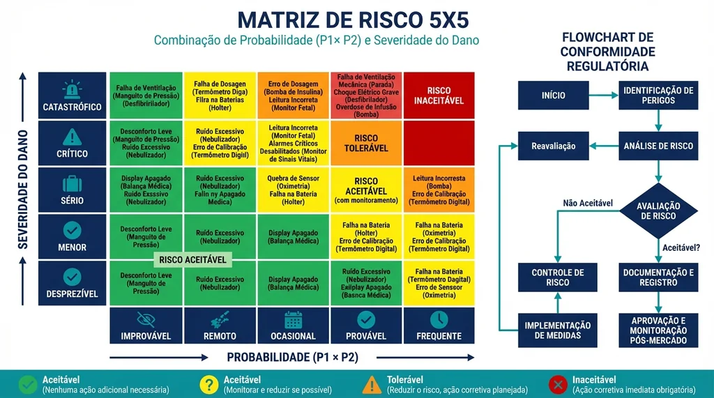 Matriz de risco 5x5 da ISO 14971 com níveis de probabilidade e severidade para classificação de riscos em dispositivos médicos segundo critérios ALAP/AFAP