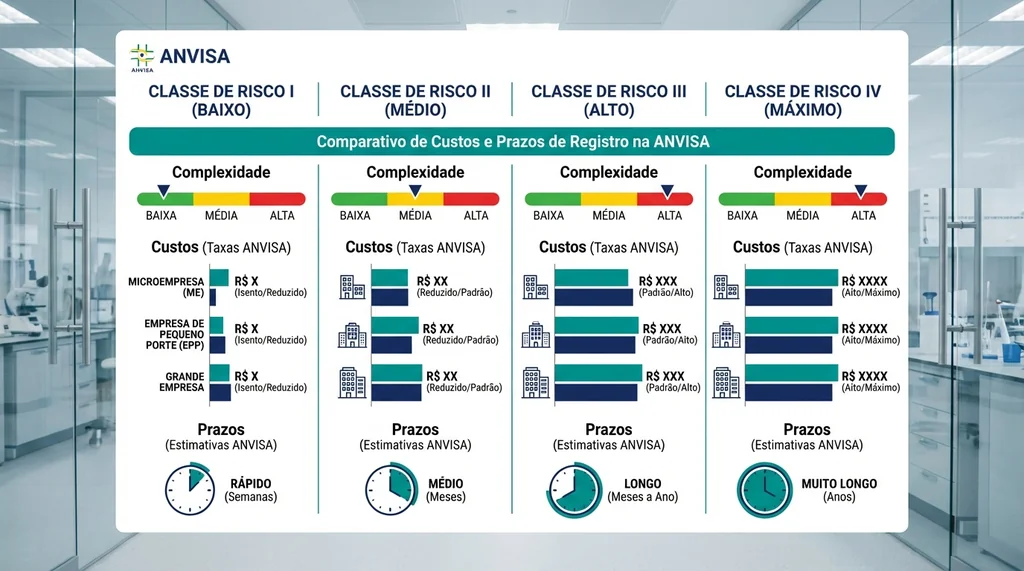Comparativo de custos e prazos para registro de dispositivos medicos na ANVISA por classe de risco, de R$4.400 a R$108.000+