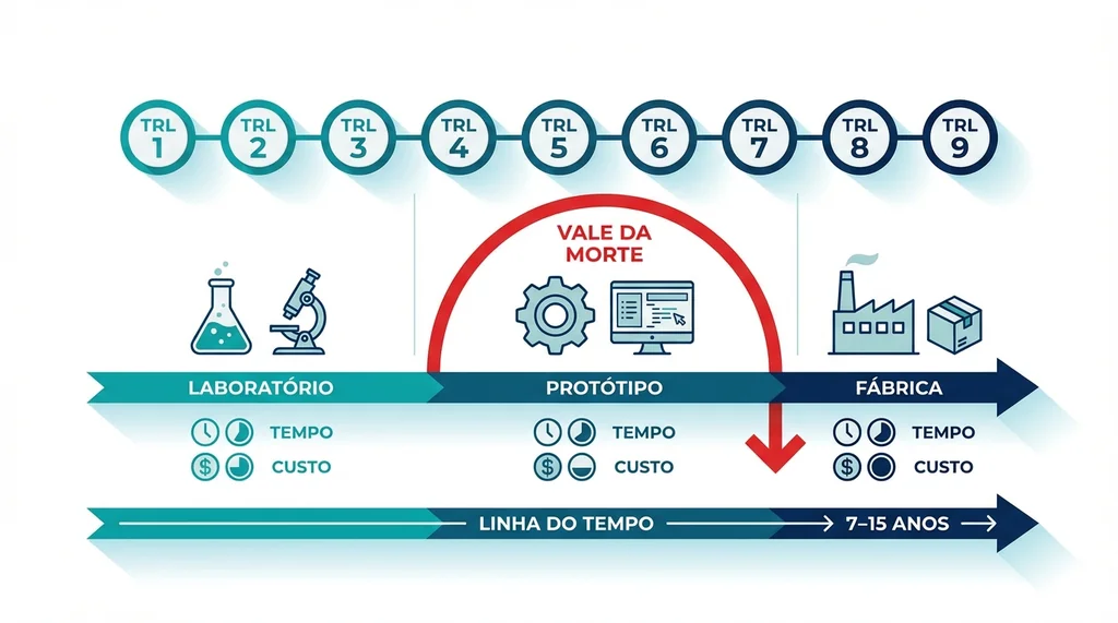 Infografico mostrando a jornada de 7 a 15 anos da pesquisa basica ao produto medico no mercado brasileiro, com destaque para o vale da morte tecnologico