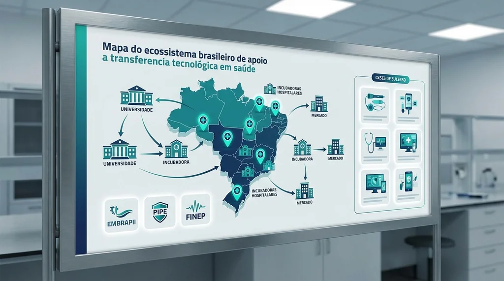 Mapa do ecossistema brasileiro de transferencia tecnologica em saude com incubadoras hospitalares, programas de financiamento e cases de spin-offs biomedicas