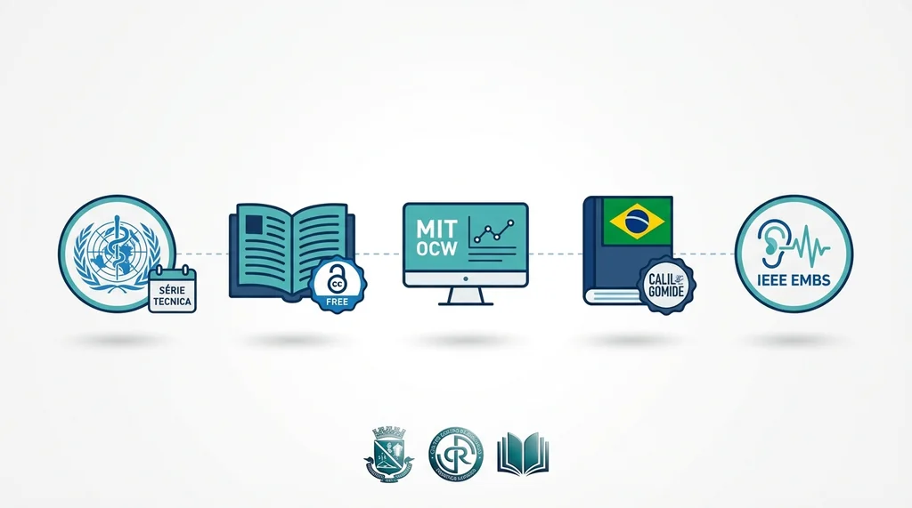 Cinco recursos gratuitos para estudo de engenharia biomédica: série técnica OMS, Ozkaya Biomechanics open access, Calil e Gomide gratuito, MIT OpenCourseWare e IEEE EMBS