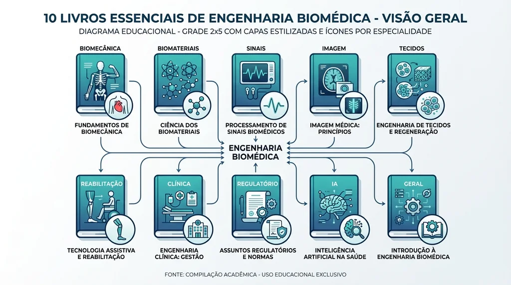 Grade visual dos 10 livros essenciais de engenharia biomédica organizados por especialidade: geral, clínica, biomecânica, biomateriais, sinais, imagem, tecidos, reabilitação, regulatório e IA em saúde