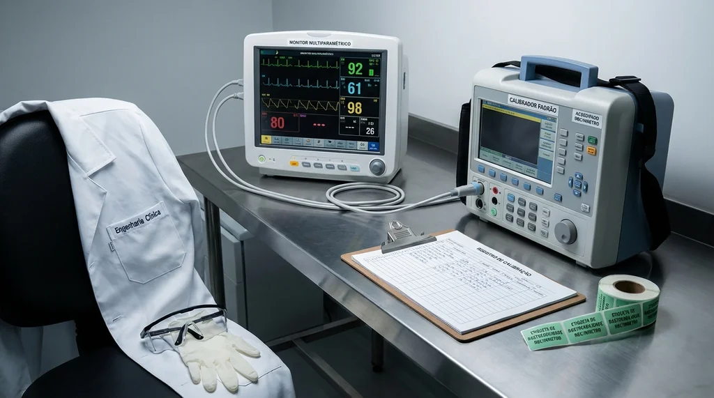 Engenheiro clínico calibrando monitor multiparamétrico hospitalar com equipamento padrão INMETRO em ambiente de engenharia clínica