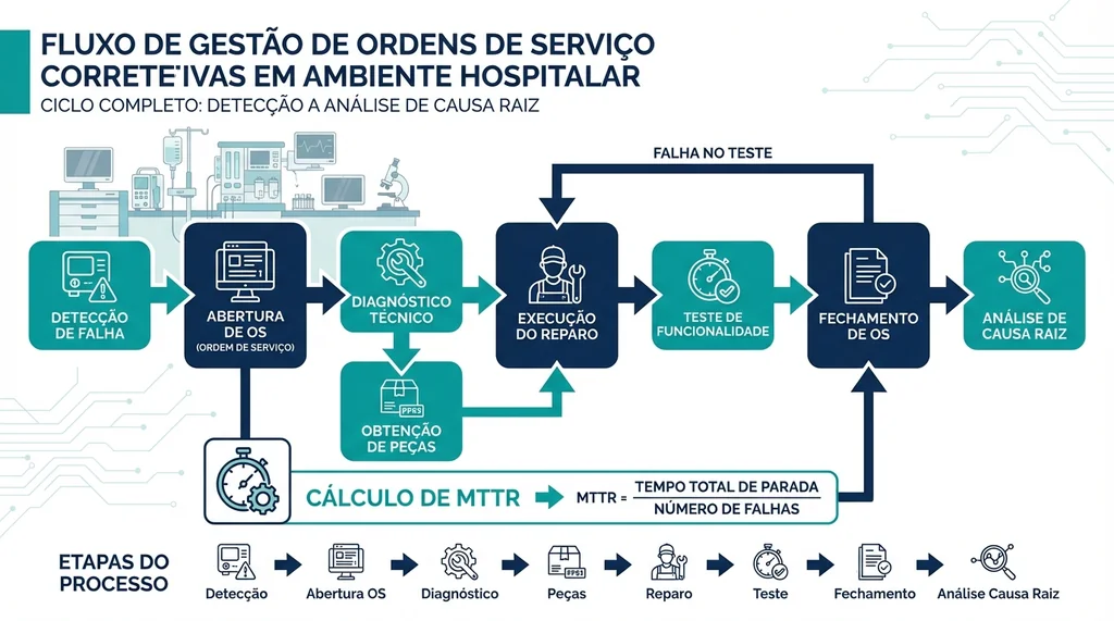 Fluxograma de gestão de manutenção corretiva hospitalar com etapas de abertura de OS, diagnóstico, reparo e cálculo de MTTR