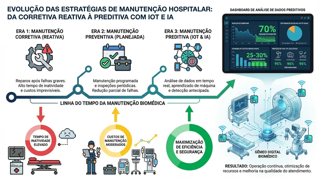 Infográfico da evolução da manutenção hospitalar de corretiva a preditiva com IoT e IA, mostrando redução de 70% no downtime não planejado