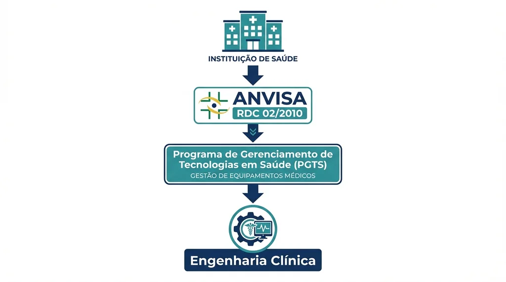 Diagrama mostrando a exigência da ANVISA RDC 02/2010 para PGTS em hospitais, demandando engenheiro clínico.