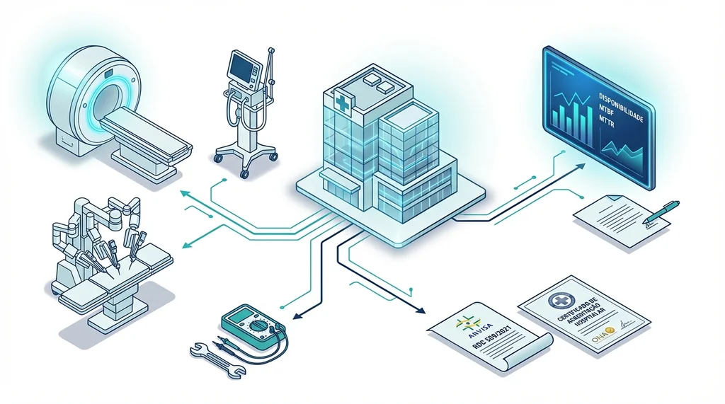 Ilustração da grade curricular de engenharia clínica, com equipamentos, KPIs, regulamentação ANVISA e acreditação hospitalar.