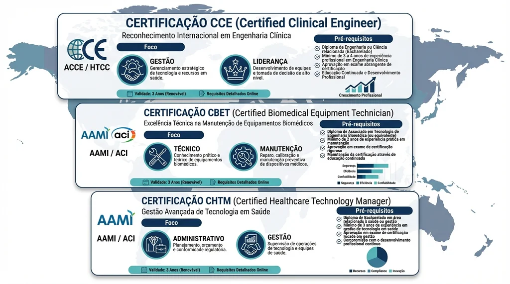Infográfico comparando certificações internacionais CCE, CBET e CHTM, focos e pré-requisitos em engenharia clínica.