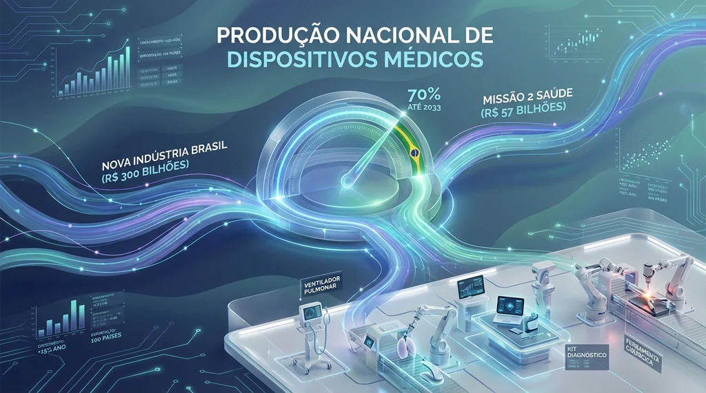 Conceitual: Política Nova Indústria Brasil e meta de 70% de produção nacional de dispositivos médicos no Brasil.