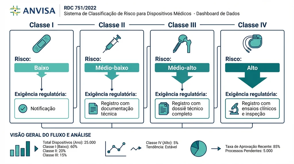 Diagrama de classificação de risco da ANVISA para dispositivos médicos no Brasil, da Classe I (baixo) à Classe IV (alto).