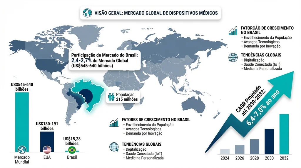 Infográfico: Mercado de dispositivos médicos no Brasil (US$15,28 bilhões) no cenário global, com crescimento de 6,4-7,0% CAGR.