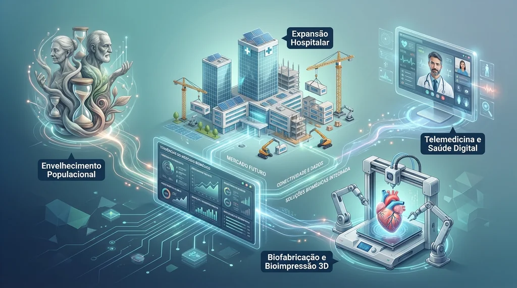 Ilustração conceitual das tendências de envelhecimento populacional, expansão hospitalar, telemedicina e bioimpressão 3D, que moldam o futuro da engenharia biomédica.