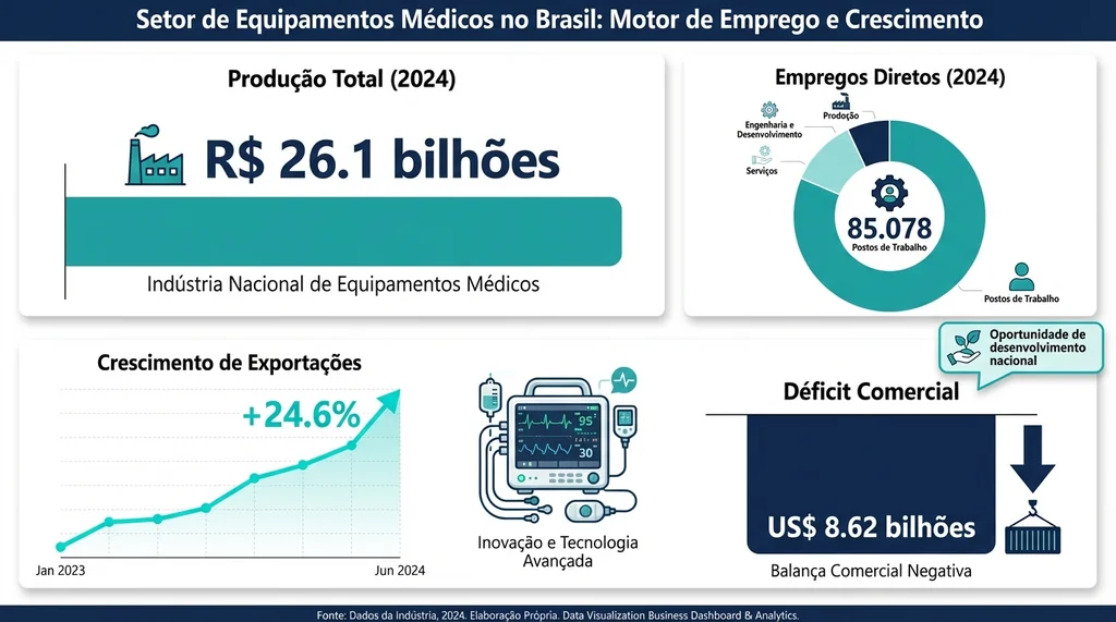 Infográfico detalhando a indústria de equipamentos médicos no Brasil, com produção total, empregos e déficit comercial.
