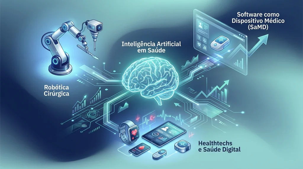 Visualização conceitual das áreas de IA, SaMD, robótica cirúrgica e healthtechs, as maiores oportunidades em engenharia biomédica.