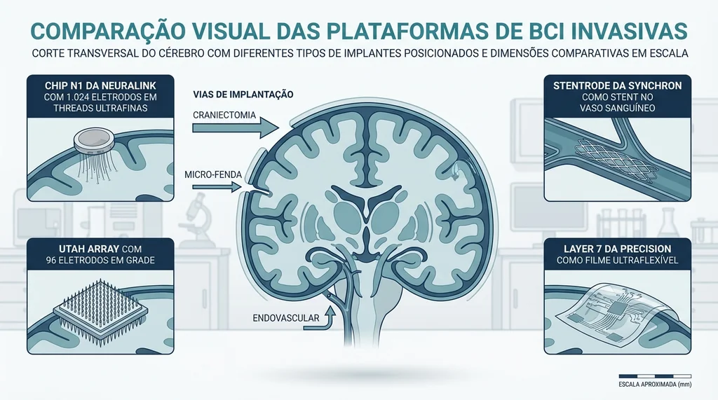 Comparação técnica das plataformas de interface cérebro-computador Neuralink N1 Synchron Stentrode e Precision Layer 7 mostrando eletrodos e vias de implantação