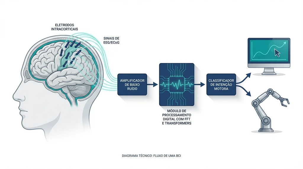 Diagrama técnico do pipeline de uma interface cérebro-computador mostrando aquisição de sinais neurais, processamento e comando de dispositivo em neuroengenharia