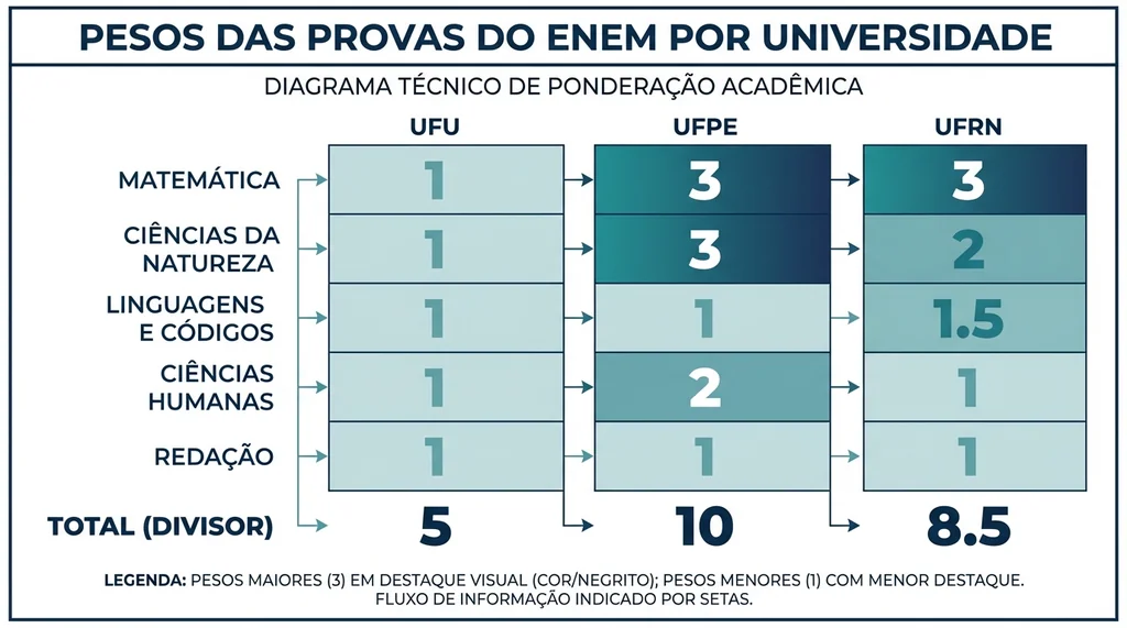 Diagrama comparativo dos pesos das provas do ENEM (Matemática, Natureza, Linguagens, Humanas, Redação) por universidade (UFU, UFPE, UFRN) para Engenharia Biomédica.