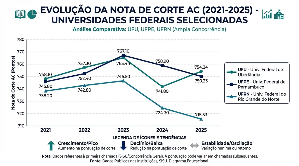 Gráfico de linha mostrando a evolução da nota de corte SiSU para Engenharia Biomédica (UFU, UFPE, UFRN) de 2021 a 2025.