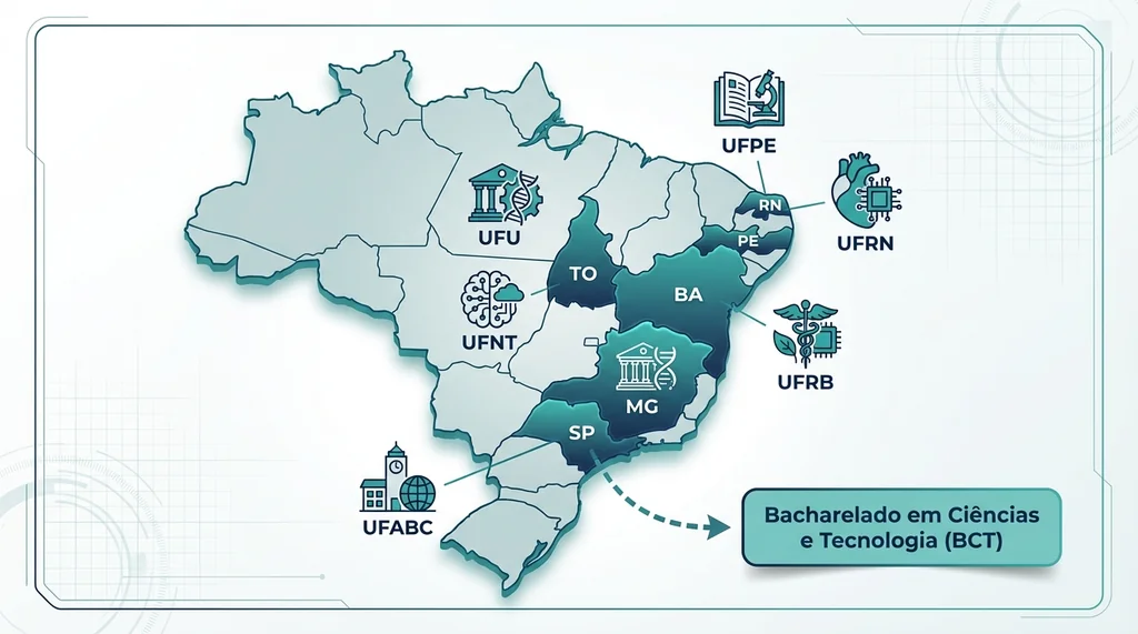 Mapa do Brasil ilustrando universidades federais com Engenharia Biomédica no SiSU, destacando UFU, UFPE, UFRN, UFNT, UFRB e UFABC.