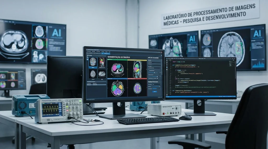 Engenheiro biomédico em laboratório de processamento de imagens médicas analisando tomografias com algoritmos de segmentação automática em múltiplos monitores