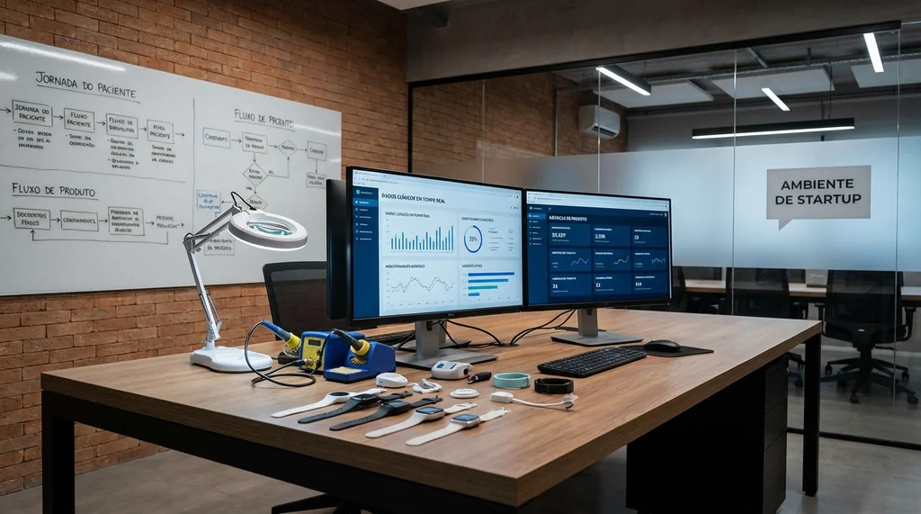 Equipe de healthtech brasileira com engenheiros biomédicos desenvolvendo soluções de saúde digital com wearables e plataformas de dados clínicos em ambiente de inovação