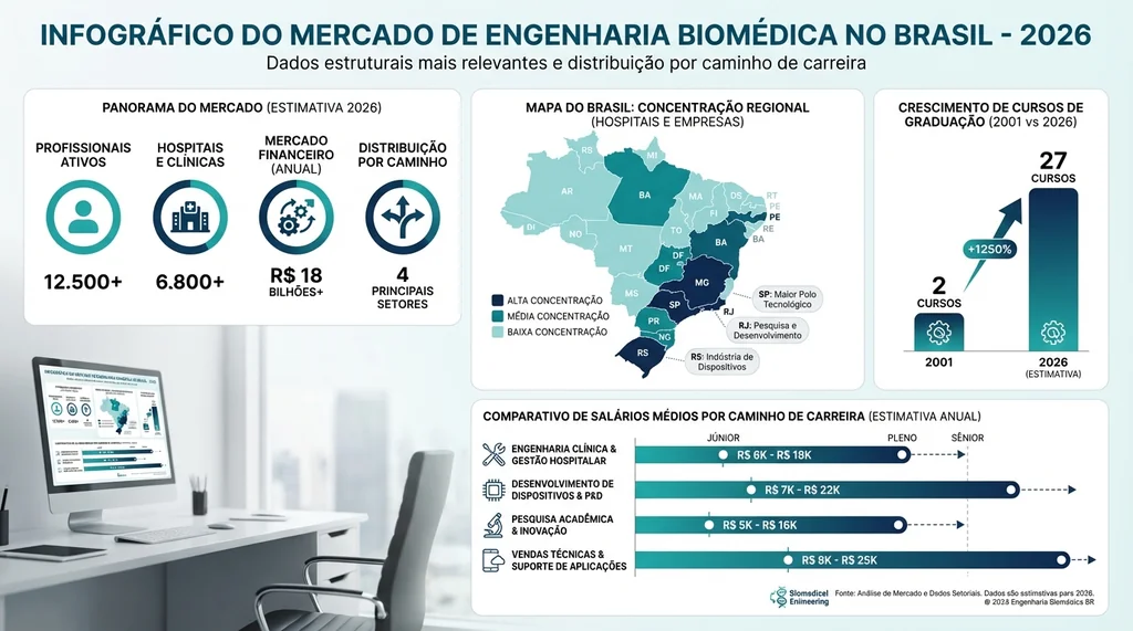 Infográfico com panorama quantitativo da engenharia biomédica no Brasil em 2026: 27 cursos, 632 engenheiros, R$ 26 bilhões em dispositivos médicos e 700 healthtechs ativas