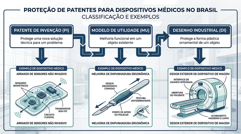 Diagrama explicativo das modalidades de patente no Brasil para dispositivos médicos: Invenção, Utilidade e Desenho Industrial.
