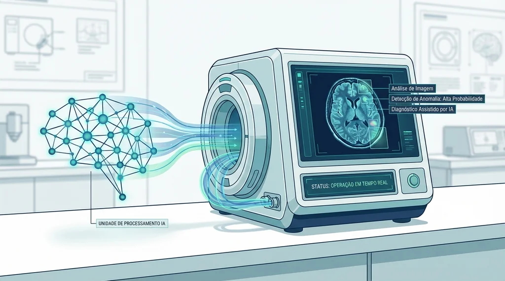 Ilustração de um dispositivo médico com inteligência artificial integrada, exibindo análise de imagem e resultados de diagnóstico.