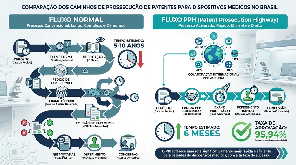 Infográfico comparando o tempo de concessão de patentes para dispositivos médicos: Fluxo Normal (5-10 anos) vs. PPH (6 meses).