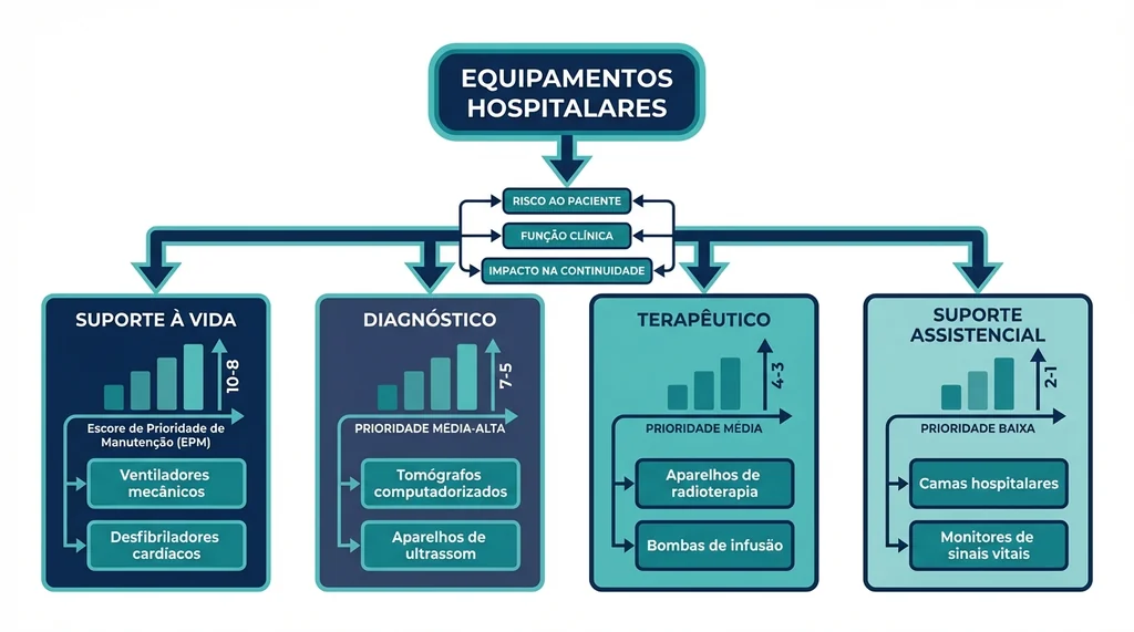 Diagrama de classificação de equipamentos hospitalares por criticidade para Plano de Manutenção Preventiva, com categorias e exemplos.