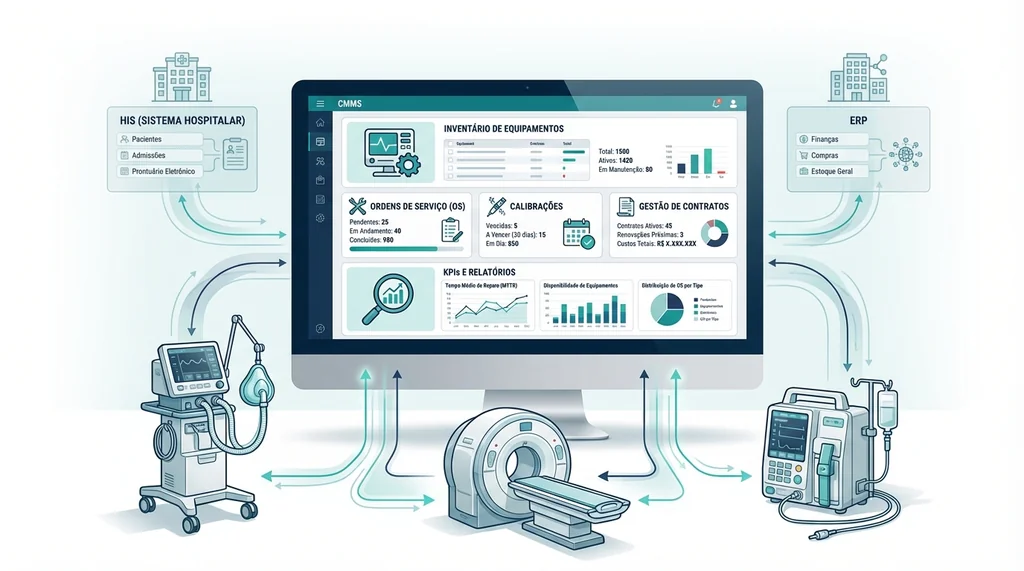 Ilustração de um Sistema Informatizado de Gestão de Manutenção (CMMS) hospitalar, com módulos de inventário, OS e KPIs.