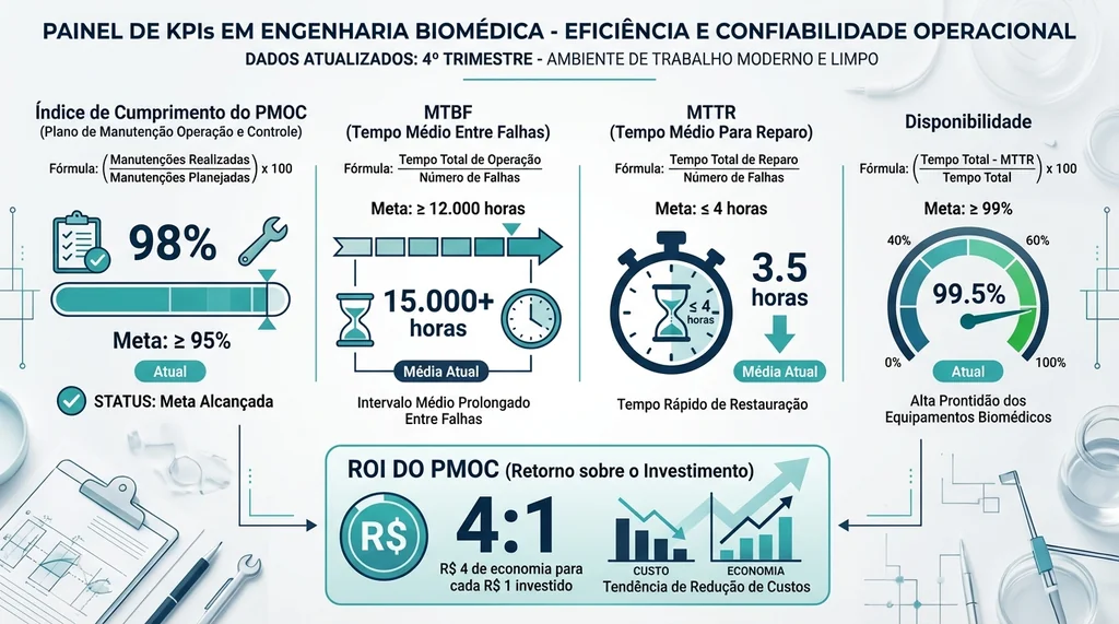 Infográfico dos principais KPIs para monitoramento de desempenho do Plano de Manutenção Preventiva Hospitalar (PMOC).