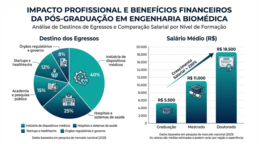 Infográfico sobre saídas de carreira e salários médios de engenheiros biomédicos com pós-graduação no Brasil.