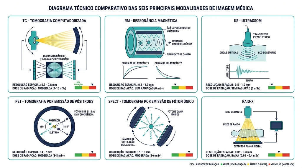 Diagrama comparativo dos princípios físicos das seis modalidades de imagem médica: raio-X, TC, RM, ultrassom, PET e SPECT com resolução e dose (120 chars)