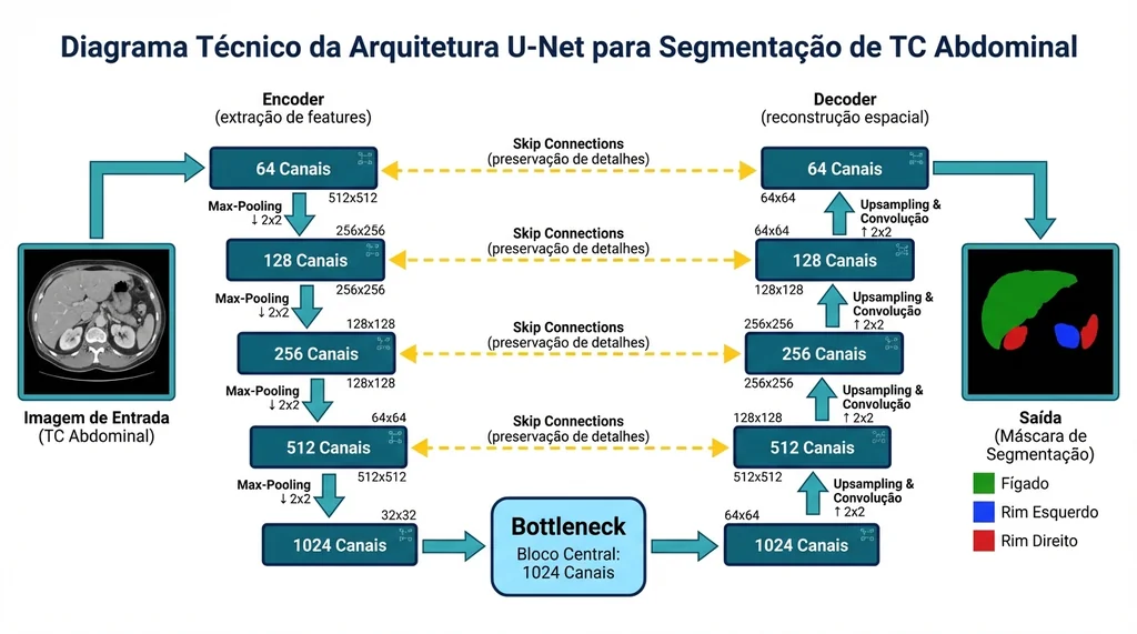 Diagrama técnico da arquitetura U-Net para segmentação de imagens médicas mostrando encoder, decoder e skip connections com exemplo de segmentação abdominal (115 chars)