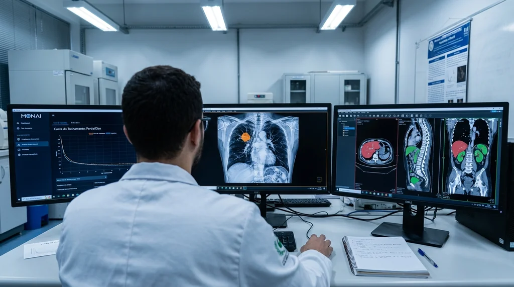 Pesquisador analisando segmentação por IA de tomografia computadorizada em laboratório de processamento de imagens médicas com múltiplos monitores (109 chars)