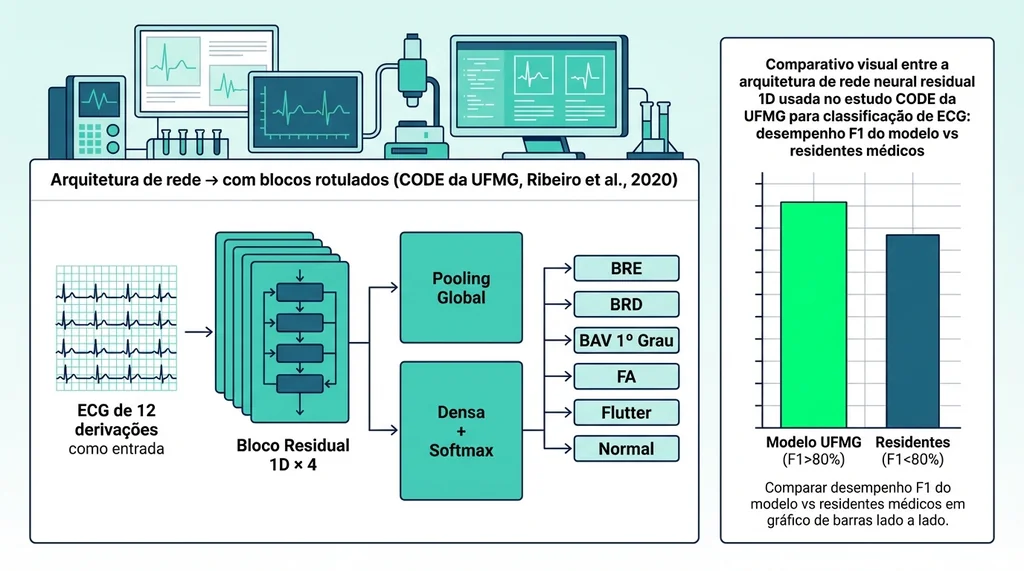 Arquitetura de rede neural residual 1D do estudo CODE UFMG para classificação automática de ECG com desempenho superior a residentes médicos (118 chars)