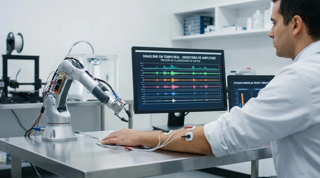 Engenheiro biomédico monitorando sinais EMG em laboratório de reabilitação para controle de prótese mioelétrica com eletrodos de superfície (122 chars)