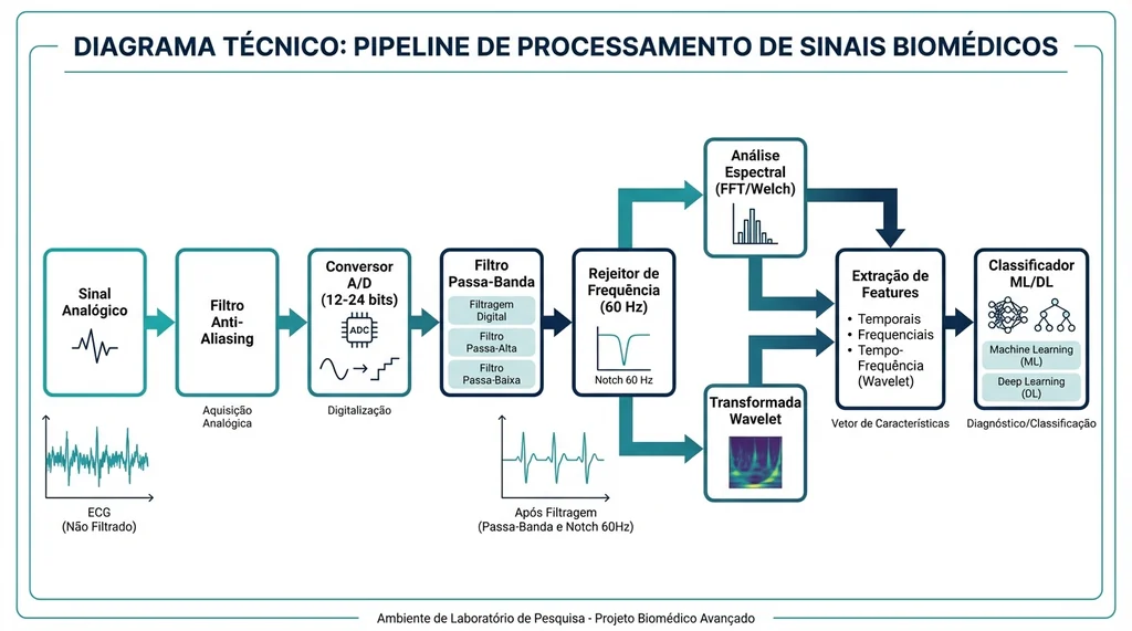 Fluxograma do pipeline de processamento de sinais biomédicos com filtragem digital, FFT, wavelet e classificação por machine learning (120 chars)