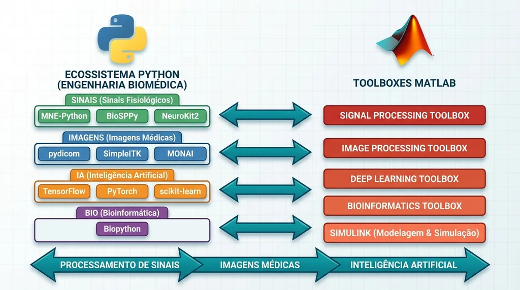 Diagrama tecnico comparativo entre ecossistema de bibliotecas Python e toolboxes MATLAB para engenharia biomedica com areas de aplicacao conectadas